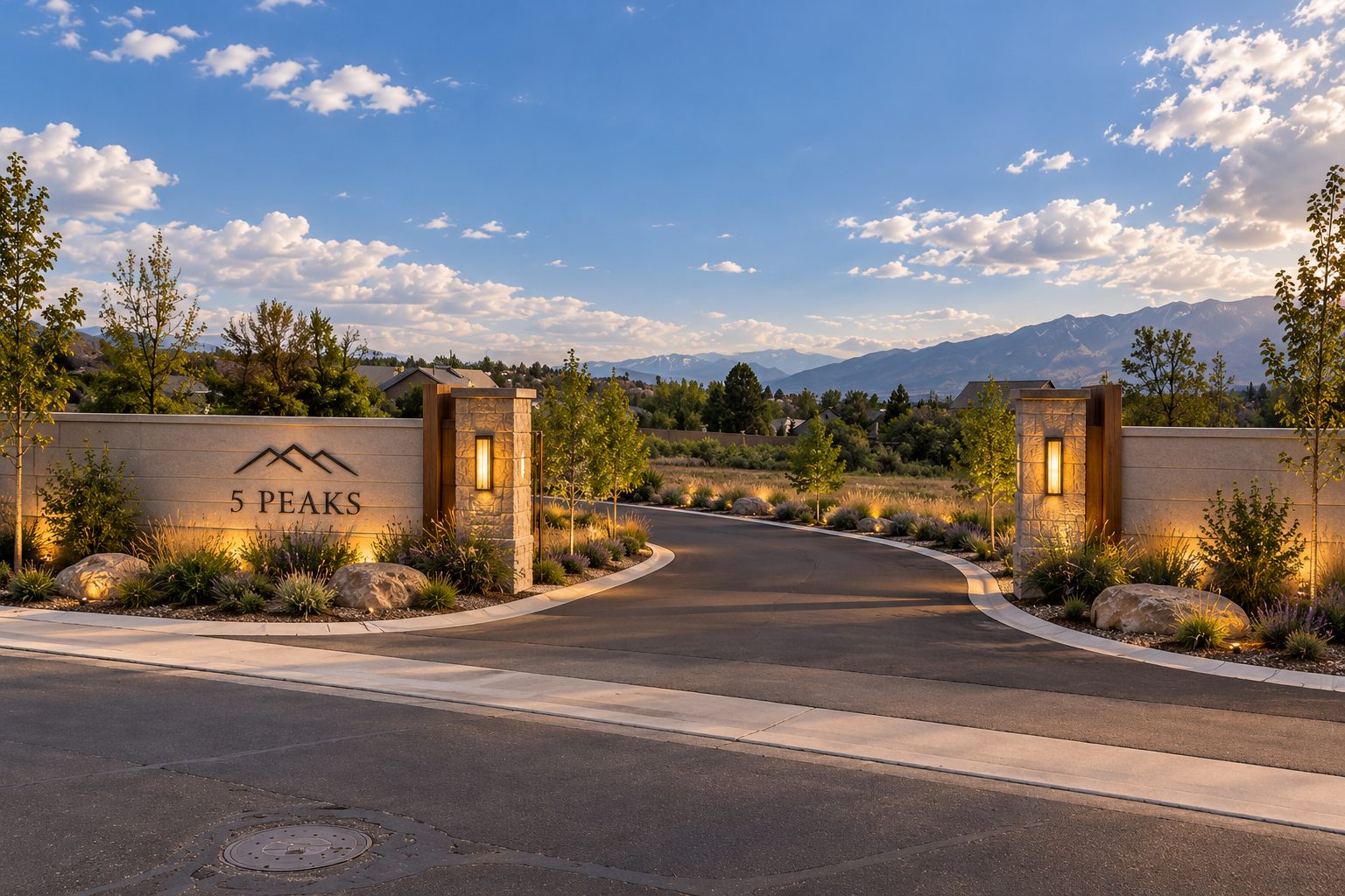Rendering of the Five Peaks entrance: stone pillars with lanterns, a 5 Peaks monument wall, and a landscaped private lane leading toward the mountains