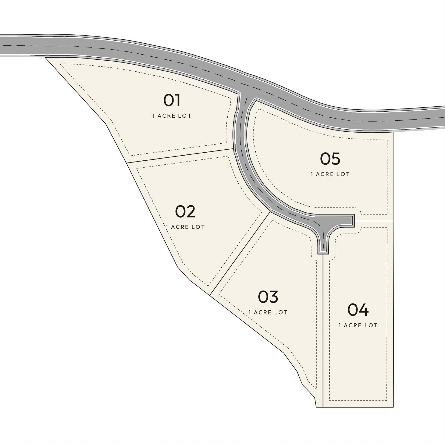 Five Peaks lot map: Healey Boulevard across the top, a private lane curving from it to a turnaround, with lots 01 and 05 on Healey, 02 and 03 along the curve, and 04 at the end of the lane